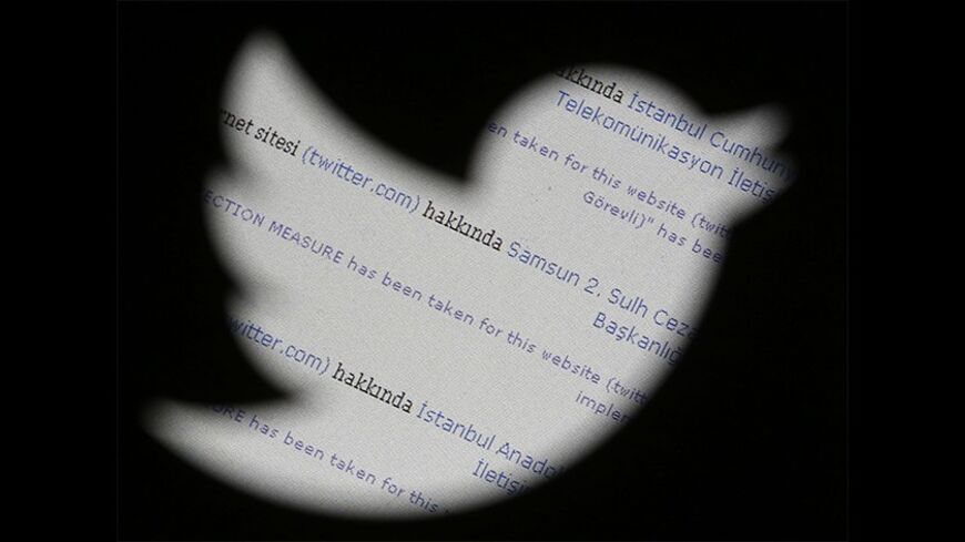 Turkish Twitter error messages are seen through a Twitter logo in this photo illustration taken in Zenica, March 21, 2014. Turkey's courts have blocked access to Twitter a little over a week before elections as Prime Minister Tayyip Erdogan battles a corruption scandal that has seen social media awash with alleged evidence of government wrongdoing. The ban came hours after a defiant Erdogan, on the campaign trail ahead of key March 30 local elections, vowed to "wipe out" Twitter and said he did not care wha