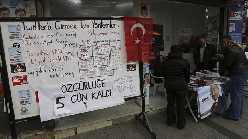 A board shows the alternative ways to access Twitter, is placed at an election campaign office of the main opposition Republican's People's Party (CHP) in Istanbul March 25, 2014. Prime Minister Tayyip Erdogan rails against Twitter as part of a plot to blacken him and portray his Turkey as corrupt; but Turks in growing numbers are exploring ever more innovative ways to beat his ban in what has become a cyber-battle of wits. Last week, few Turks were conversant with technical terms such as VPN or DNS, but th