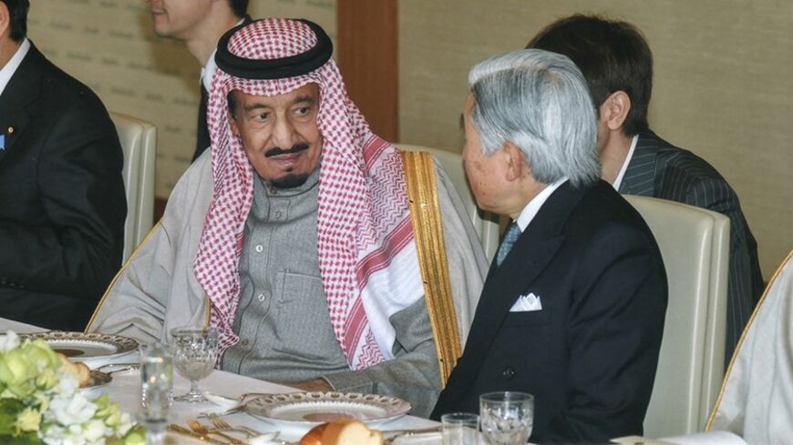 Saudi Arabia's Crown Prince Salman bin Abdulaziz al-Saud (L) and Japan's Emperor Akihito talk during a luncheon at the Imperial Palace in Tokyo February 19, 2014, in this handout photo released by the Imperial Household Agency of Japan.   REUTERS/Imperial Household Agency of Japan/Handout via Reuters (JAPAN - Tags: POLITICS ROYALS) 

ATTENTION EDITORS - THIS IMAGE WAS PROVIDED BY A THIRD PARTY. FOR EDITORIAL USE ONLY. NOT FOR SALE FOR MARKETING OR ADVERTISING CAMPAIGNS. THIS PICTURE IS DISTRIBUTED EXACTLY A