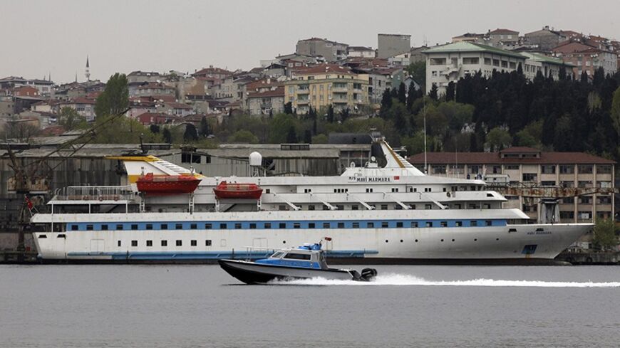 The Turkish-owned cruise liner Mavi Marmara is seen under maintenance at a shipyard in Istanbul April 21, 2013. An Israeli delegation will visit Turkey for the first time in three years in another sign of thawing relations since the U.S. brokered a breakthrough in March, but any further advancement in ties was expected to be incremental. Israel apologised to Turkey over the killing of nine Turks in a 2010 naval raid on a Gaza-bound flotilla, which included the Mavi Marmara, and the two agreed to normalise r