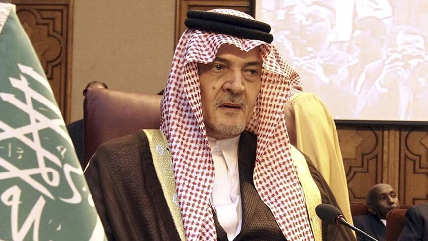 Saudi Arabia's Foreign Minister Prince Saud al-Faisal attends the opening of an Arab foreign ministers emergency meeting to discuss the Syrian crisis and President Bashar al-Assad's regime, at the Arab League headquarters in Cairo, March 9, 2014. The Arab League on Sunday endorsed Palestinian President Mahmoud Abbas's rejection of Israel's demand for recognition as a Jewish state, as U.S.-backed peace talks approach a deadline next month. The United States want Abbas to make the concession as part of effort
