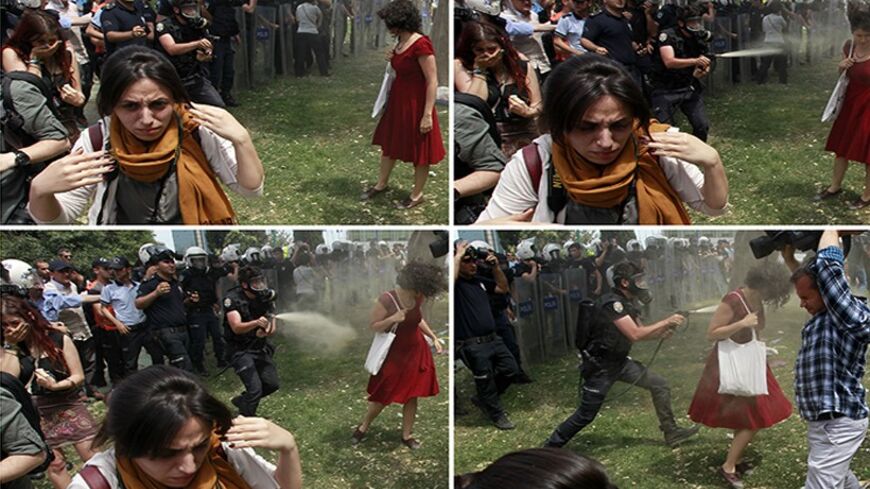 A combination photo of a Turkish riot policeman using tear gas against a woman as people protest against the destruction of trees in a park brought about by a pedestrian project, in Taksim Square in central Istanbul May 28, 2013.In her red cotton summer dress, necklace and white bag slung over her shoulder she might have been floating across the lawn at a garden party; but before her crouches a masked policeman firing teargas spray that sends her long hair billowing upwards. Endlessly shared on social media