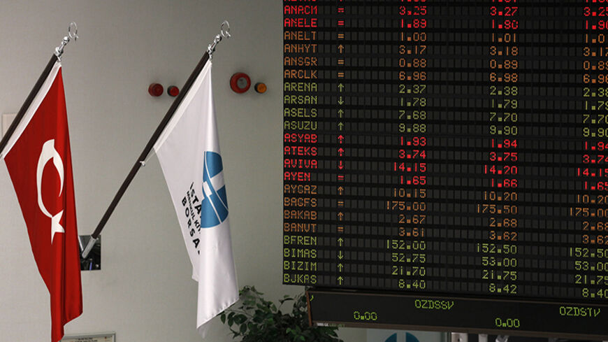Share prices are seen on a screen alongside flags at the Istanbul Stock Exchange October 14, 2011. Picture taken October 14, 2011.     REUTERS/Murad Sezer (TURKEY  - Tags: BUSINESS)   - RTR2SSND