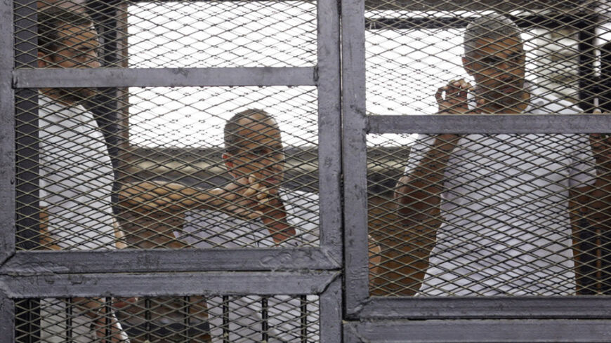 Al Jazeera journalists (L-R)  Baher Mohamed, Peter Greste and Mohammed Fahmy stand behind bars in a court in Cairo June 1, 2014. The trial of the three Al Jazeera journalists accused of aiding of a "terrorist organisation" has been postponed to June 6. The Qatar-based television network's journalists - Peter Greste, an Australian, Mohamed Fahmy, a Canadian-Egyptian national, and Baher Mohamed, an Egyptian - were detained in Cairo on December 29. All three have denied the charges, with Al Jazeera saying the 