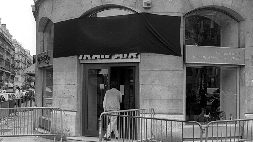 The Paris office of Iran Air is draped with a black shroud, July 7, 1988, following the downing of an Iran Air A-300 Airbus with 290 passengers aboard in the Gulf on Sunday. The USS Vincennes mistakenly fired a missile at the civilian airliner.  REUTERS/Phillipe Wojazer - RTR1Q8SV