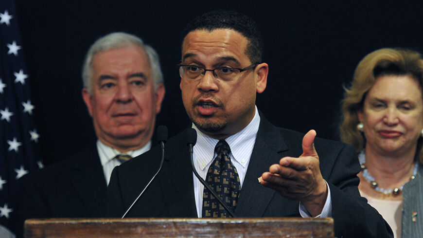 Keith Ellison (C) speaks during a visit by U.S. Representatives discussing bilateral relationships between Egypt and the U.S., in Cairo March 15, 2012. REUTERS/Esam Al-Fetori (EGYPT - Tags: POLITICS) - RTR2ZE2Z