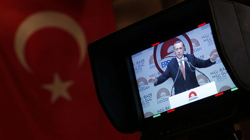 Turkey's Prime Minister and presidential candidate Tayyip Erdogan is seen through a camera monitor as he makes a speech during a meeting to launch his election campaign in Istanbul July 11, 2014. REUTERS/Murad Sezer (TURKEY - Tags: POLITICS ELECTIONS) - RTR3Y71D
