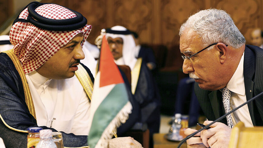Palestinian Foreign Minister Riyad al-Malki (R) talks with Qatar's Foreign Minister Khalid bin Mohammed Al Attiyah during an extraordinary session of the Arab League at the league's headquarters in Cairo July 14, 2014. Egypt launched an initiative on Monday to halt fighting between Israel and Palestinian militants, proposing a ceasefire to be followed by talks in Cairo on settling the conflict in which Gaza authorities say more than 170 people have died. REUTERS/Amr Abdallah Dalsh  (EGYPT - Tags: POLITICS C
