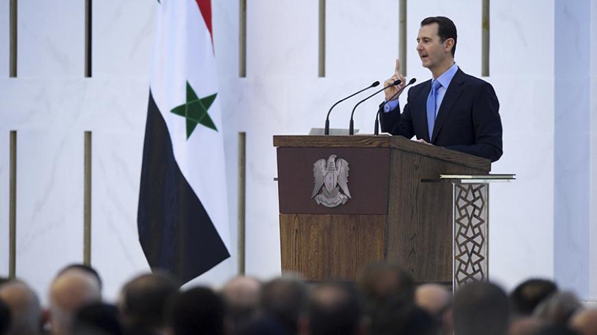 Syria's President Bashar al-Assad delivers a speech after being sworn in for a new seven-year term, at al-Shaab presidential palace in Damascus July 16, 2014, in this picture released by Syria's national news agency SANA. Assad was sworn in for a new term as Syria's president on Wednesday, after an election which his opponents dismiss as a sham but which he said proved he had achieved victory after a "dirty war" to unseat him.  REUTERS/SANA/Handout via Reuters (SYRIA - Tags: POLITICS ELECTIONS) ATTENTION ED