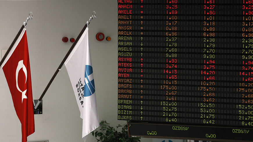 Share prices are seen on a screen alongside flags at the Istanbul Stock Exchange October 14, 2011. Picture taken October 14, 2011.     REUTERS/Murad Sezer (TURKEY  - Tags: BUSINESS)   - RTR2SSND