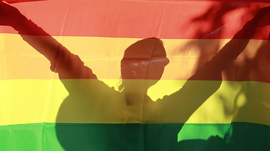 The shadow of a gay rights activist is seen behind a flag as she takes part in a march across Kiev May 25, 2013. About 100 Ukrainian gay rights activists defied a court order and held a small 'Equality March' in the capital Kiev on Saturday - the first in the former Soviet republic - behind a cordon of police shielding them from anti-gay demonstrators. REUTERS/Gleb Garanich  (UKRAINE - Tags: CIVIL UNREST SOCIETY POLITICS) - RTX10049