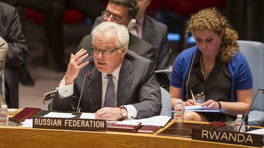 Russian Representative to the United Nations Vitaly Churkin addresses the U.N. Security Council at U.N. Headquarters in New York August 28, 2014. REUTERS/Mark Garten/United Nations/Handout via Reuters (UNITED STATES - Tags: POLITICS) ATTENTION EDITORS - THIS PICTURE WAS PROVIDED BY A THIRD PARTY. REUTERS IS UNABLE TO INDEPENDENTLY VERIFY THE AUTHENTICITY, CONTENT, LOCATION OR DATE OF THIS IMAGE. FOR EDITORIAL USE ONLY. NOT FOR SALE FOR MARKETING OR ADVERTISING CAMPAIGNS. THIS PICTURE IS DISTRIBUTED EXACTLY 