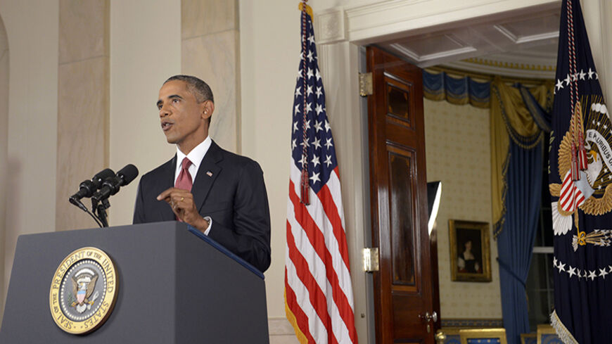 U.S. President Barack Obama delivers a live televised address to the nation on his plans for military action against the Islamic State, from the Cross Hall of the White House in Washington September 10, 2014.  REUTERS/Saul Loeb/Pool (UNITED STATES - Tags: POLITICS MILITARY CONFLICT) - RTR45R9F