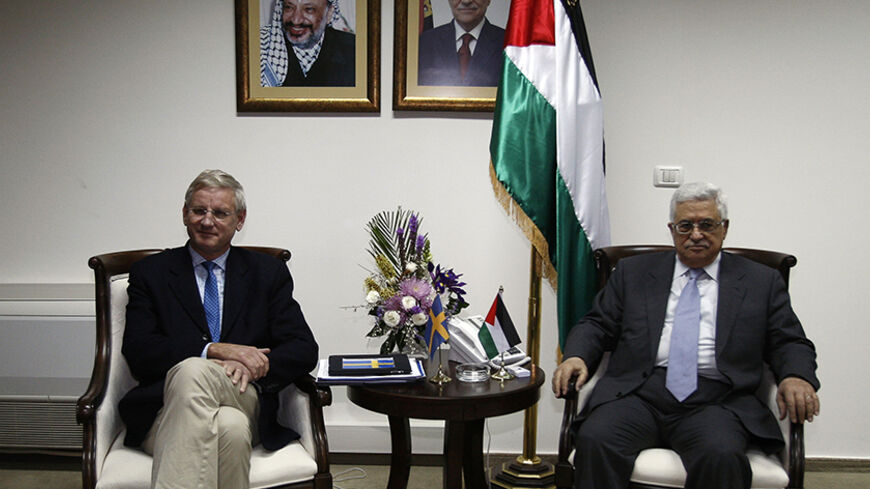 Palestinian President Mahmoud Abbas and Sweden's Foreign Minister Carl Bildt attend a meeting in the West Bank city of Ramallah February 28, 2011. REUTERS/Mohamad Torokman (WEST BANK - Tags: POLITICS) - RTR2J926
