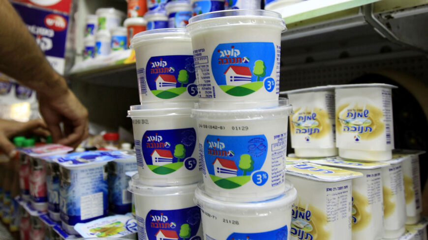 Tubs of cottage cheese 'Tnuva' are seen at a shop in Jerusalem July 27, 2011. A two-week-long cottage cheese boycott caused Israelis to question the power of the country's tycoons. A scathing parliamentary report from June last year found that 10 large business groups control 30 percent of the market value of public companies, while 16 control half the money in the entire country. Picture taken July 27, 2011. To match Special Report  ISRAEL-CONCENTRATION/         REUTERS/Ronen Zvulun (ISRAEL - Tags: BUSINES