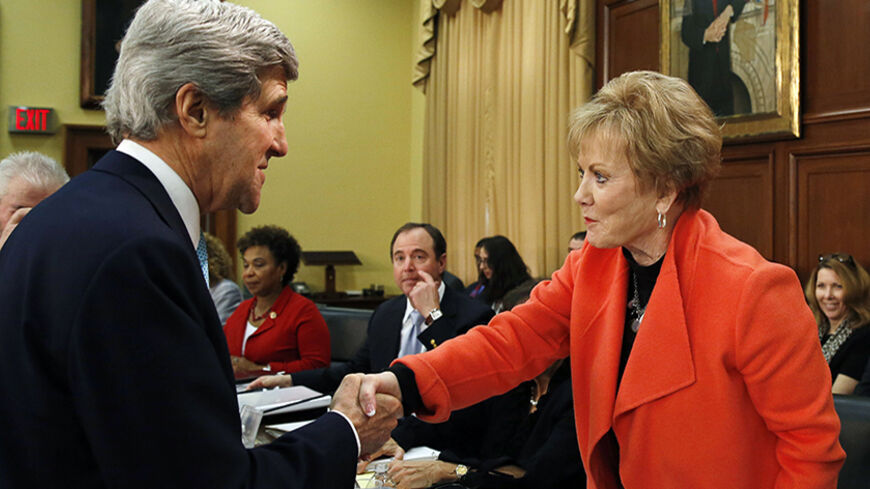 United States Secretary of State John Kerry (L) greets chairwoman Rep. Kay Granger (R-TX) (R) before testifying at the House Appropriations Committee on Capitol Hill in Washington March 12, 2014.
 REUTERS/Gary Cameron  (UNITED STATES - Tags: POLITICS BUSINESS) - RTR3GRSC