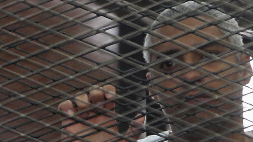 Al Jazeera journalist Mohammed Fahmy stands behind bars at a court in Cairo May 15, 2014. The trial of three Al Jazeera journalists, including Fahmy, accused of aiding of a "terrorist organisation" has been postponed to May 22 after the judge on Thursday authorised the defence to examine the evidence being held by the prosecution. The Qatar-based television network's journalists - Peter Greste, an Australian, Mohamed Fahmy, a Canadian-Egyptian national, and Baher Mohamed, an Egyptian - were detained in Cair