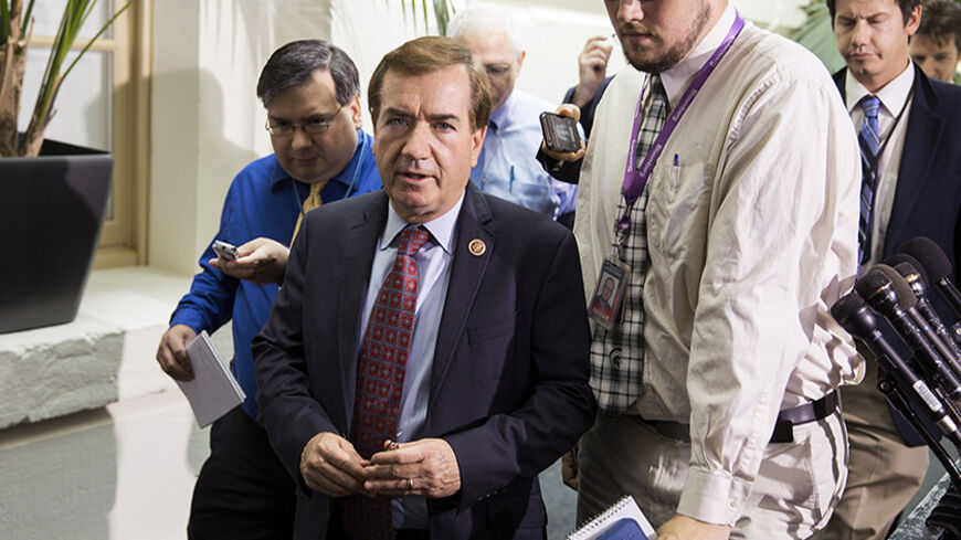 Representative Ed Royce (R-CA) leaves a Republican caucus meeting at the Capitol in Washington August 1, 2014. A bill to fund border security blew up in House Speaker John Boehner's face on Thursday, leaving Republicans in disarray and struggling to reconcile Tea Party demands with the need to deal with a humanitarian crisis on the southwestern border with Mexico. REUTERS/Joshua Roberts    (UNITED STATES - Tags: POLITICS SOCIETY IMMIGRATION) - RTR40XQR