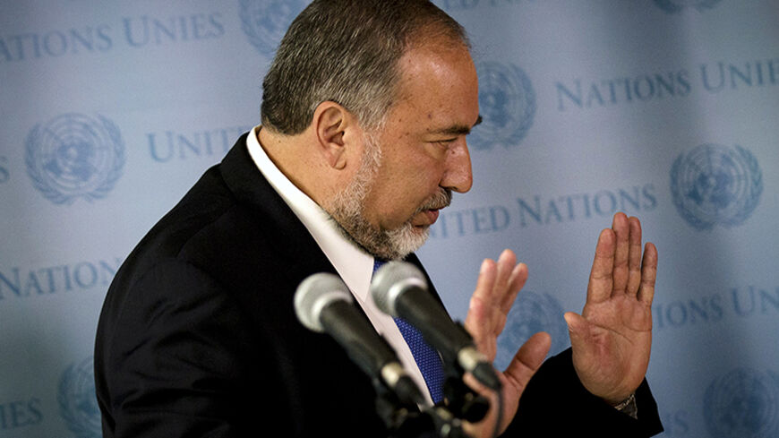Israel's Foreign Minister Avigdor Lieberman exits a news conference on the sidelines of the 69th United Nations General Assembly at the U.N. headquarters in New York September 29, 2014. REUTERS/Brendan McDermid (UNITED STATES - Tags: POLITICS) - RTR487C1