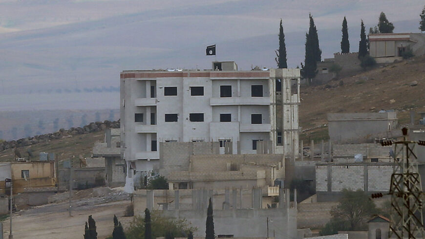 An Islamic State flag is seen atop a building in eastern Kobani, as seen from the Turkish border crossing of Mursitpinar as Kurdish Peshmerga forces fight against Islamic state fighters, November 1, 2014. Iraqi Kurdish forces arrived in the Syrian town of Kobani with heavy weapons to help Syrian Kurds fend off attempts by Islamic State insurgents to seize the town and cement control in the Turkish border region.  REUTERS/Yannis Behrakis (TURKEY - Tags: MILITARY CONFLICT POLITICS TPX IMAGES OF THE DAY) - RTR