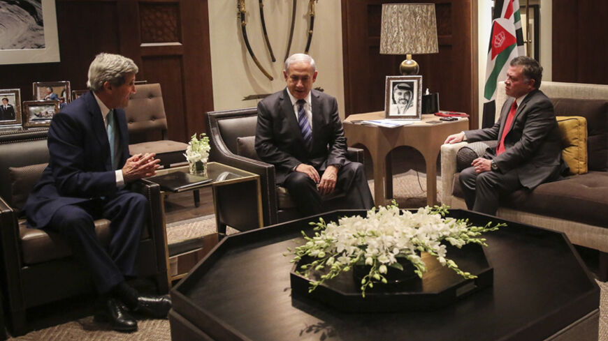 Jordan's King Abdullah (R) meets with U.S. Secretary of State John Kerry (L) and Israeli Prime Minister Benjamin Netanyahu (C) at the Royal Palace in Amman November 13, 2014. REUTERS/Yousef Allan/Royal Palace/Handout via Reuters (JORDAN - Tags: POLITICS ROYALS) ATTENTION EDITORS - FOR EDITORIAL USE ONLY. NOT FOR SALE FOR MARKETING OR ADVERTISING CAMPAIGNS. THIS IMAGE HAS BEEN SUPPLIED BY A THIRD PARTY. IT IS DISTRIBUTED, EXACTLY AS RECEIVED BY REUTERS, AS A SERVICE TO CLIENTS - RTR4E21Q