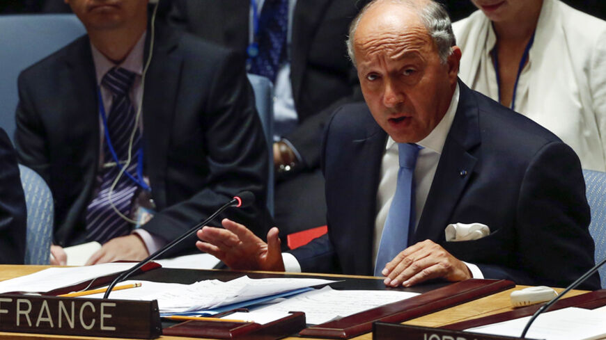 French Foreign Minister Laurent Fabius speaks during a United Nations Security Council meeting on Iraq at U.N. headquarters in New York, September 19, 2014. 
REUTERS/Shannon Stapleton (UNITED STATES - Tags: POLITICS) - RTR46Z7O