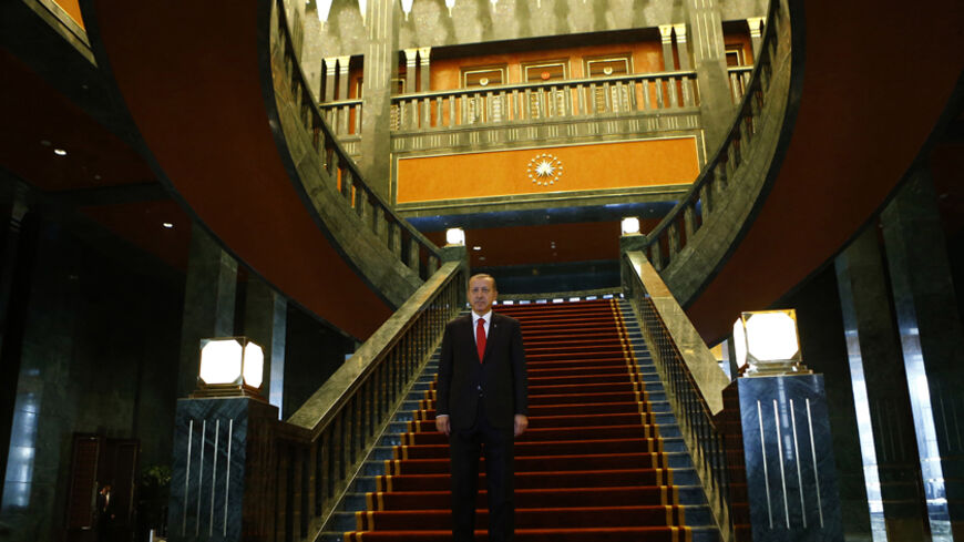 Turkey's President Tayyip Erdogan poses after an official ceremony to mark Republic Day at the new Presidential Palace in Ankara October 29, 2014. REUTERS/Umit Bektas (TURKEY - Tags: POLITICS ANNIVERSARY) - RTR4C07N