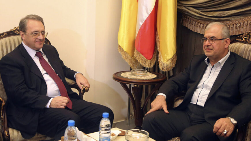 Russia's Deputy Foreign Minister Mikhail Bogdanov (L) meets with head of Lebanon's Hezbollah's parliamentary bloc Mohamed Raad in Beirut December 5, 2014. Picture taken December 5. REUTERS/Aziz Taher (LEBANON - Tags: POLITICS) - RTR4GYHT
