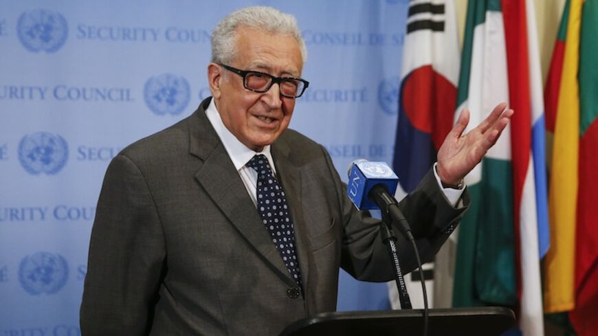 UN-Arab League Envoy to Syria Lakhdar Brahimi speaks to the media after Security Council consultations at the United Nations headquarters in New York May 13, 2014. Brahimi will step down on May 31, U.N. Secretary-General Ban Ki-moon said on Tuesday, blaming an international deadlock over how to end the three-year civil war in the country for hampering his bid to broker peace.
 REUTERS/Shannon Stapleton  (UNITED STATES - Tags: POLITICS TPX IMAGES OF THE DAY) - RTR3P07X