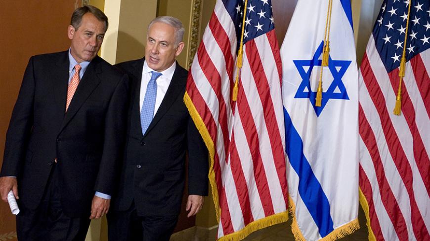 U.S. House Speaker John Boehner (R-OH) (L) arrives with Israel's Prime Minister Benjamin Netanyahu to address reporters after Netanyahu's speech before Congress at the Capitol in Washington May 24, 2011. Israel must seek peace with the Palestinians that will entail "painful compromises" including the handover of biblical land dear to Jews, Netanyahu said on Tuesday. Addressing the U.S. Congress after a testy exchange last week with President Barack Obama about the contours of a future Palestine state, the r