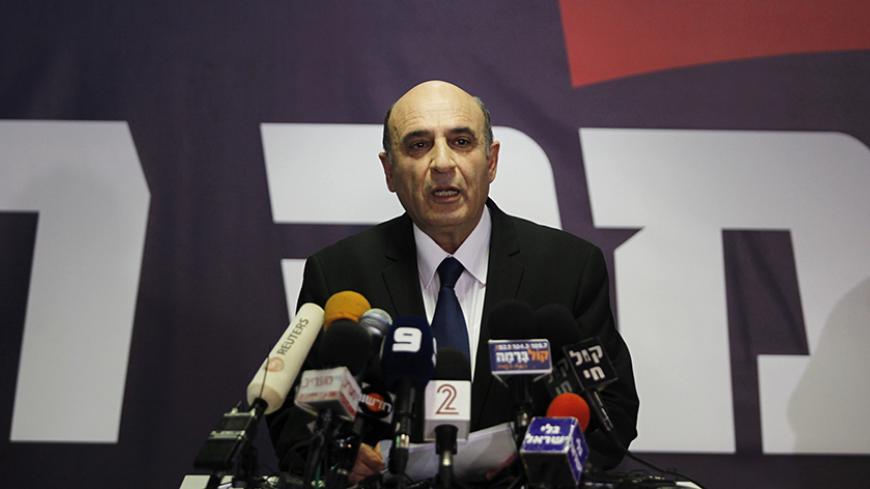 Kadima party leader Shaul Mofaz speaks during a news conference in Petah Tikva, near Tel Aviv July 17, 2012. Israel's Kadima party quit Prime Minister Benjamin Netanyahu's coalition on Tuesday in a dispute over drafting ultra-Orthodox Jews into the military, but the government was not expected to collapse because it still had a majority in parliament. REUTERS/Baz Ratner (ISRAEL - Tags: POLITICS MILITARY RELIGION) - RTR350Q2
