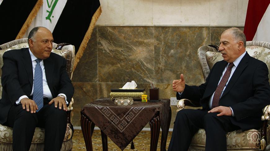 Egypt's Foreign Minister Samih Shukri meets with Iraq's Vice-President Usamah al-Nujaifi (R) in Baghdad, December 17, 2014. Shukri arrived in Baghdad on Wednesday for talks with Iraqi officials. Shukri was received at Baghdad Airport by Iraq's Foreign Minister Ibrahim al-Jaafari and after brief talks at the airport lounge, Shukri met with al-Nujaifi. REUTERS/Ahmed Saad (IRAQ - Tags: POLITICS) - RTR4IDCZ
