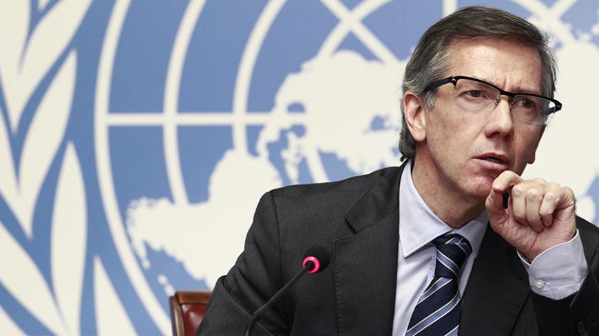 Special Representative of the Secretary-General for Libya and Head of United Nations Support Mission in Libya (UNSMIL) Bernardino Leon addresses a news conference at the Palais des Nations in Geneva, January 14, 2015. The United Nations will launch talks on Wednesday in Geneva between warring Libyan factions even though one side has delayed its decision on attending negotiations aimed at averting a broader civil war. Two rival governments and their forces are vying for control in Libya, three years after th