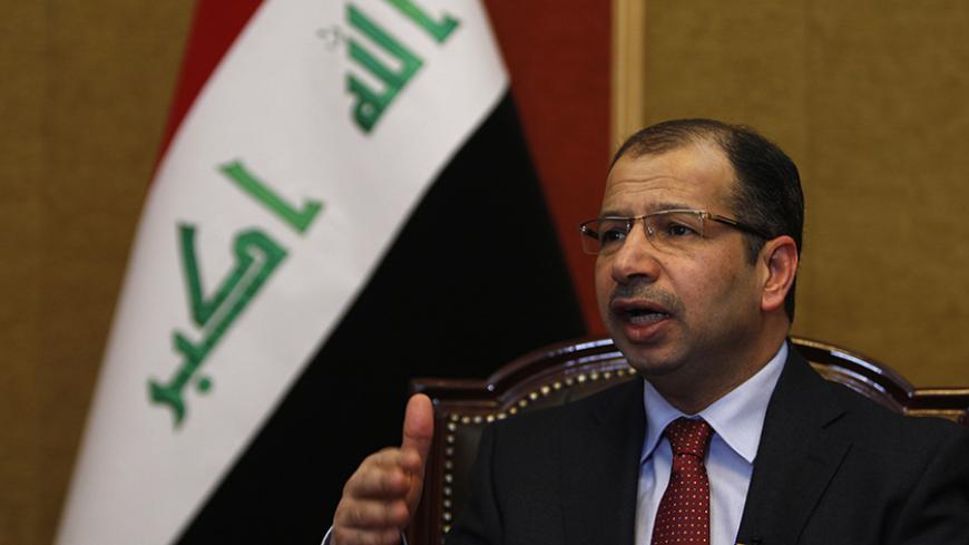 Speaker of the Iraqi Parliament Salim al-Jabouri speaks during an interview with Reuters in Baghdad, January 14, 2015. Iraq has told President Barack Obama's envoy that the US-led coalition battling Islamic State needs to do more to help Iraq defeat the jihadists controlling large areas of the north and west of the country. Parliament speaker Selim al-Jabouri said he delivered the message in a closed meeting with retired U.S. Marine General John Allen, who visited Baghdad this week for talks with Prime Mini