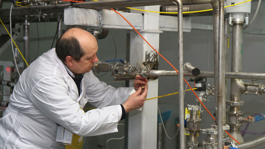 An unidentified International Atomic Energy Agency (IAEA) inspector disconnects the connections between the twin cascades for 20 percent uranium production at nuclear power plant of Natanz, some 300 kilometres south of Tehran on January, 20, 2014 as Iran halted production of 20 percent enriched uranium, marking the coming into force of an interim deal with world powers on its disputed nuclear programme. AFP PHOTO/IRNA/KAZEM GHANE        (Photo credit should read KAZEM GHANE/AFP/Getty Images)