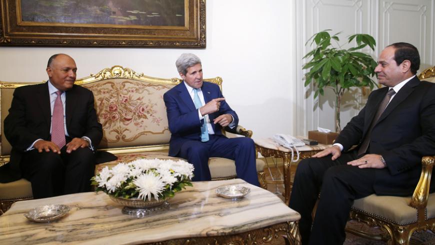 U.S. Secretary of State John Kerry (C) meets Egyptian President Abdel Fattah al-Sisi (R) and Egyptian Foreign Minister Sameh Shukri in Cairo July 22, 2014. Israel pounded targets across the Gaza Strip on Tuesday, saying no ceasefire was near as top U.S. and U.N. diplomats pursued talks on halting fighting that has claimed more than 500 lives. Dispatched by U.S. President Barack Obama to the Middle East to seek a ceasefire, Kerry held talks on Tuesday in Cairo with Egyptian Foreign Minister Sameh Shukri. REU