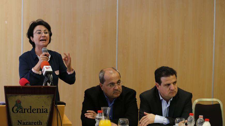 Israeli-Arab lawmaker Hanin Zoabi speaks at a news conference announcing a joint political slate of all the Arab parties which will be running in the upcoming elections, in the northern city of Nazareth, January 23, 2015. Four political parties that mostly represent Israel's Arab minority have decided to run together in elections on March 17, creating a potential counter-weight to Prime Minister Benjamin Netanyahu and his right-wing allies. Opinion polls suggest the united Arab list could secure 11 seats in