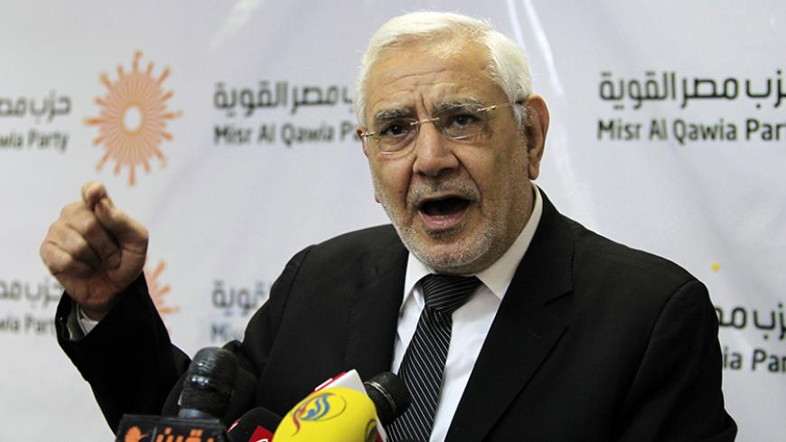 Chairman of the Masr El Kaweya (Strong Egypt) party, Abdel Moneim Aboul Fotouh, speaks during a news conference in Cairo February 4, 2015. The party announced on Wednesday that they will boycott the upcoming long-awaited parliamentary elections. REUTERS/Mohamed Abd El Ghany (EGYPT - Tags: POLITICS ELECTIONS) - RTR4O796
