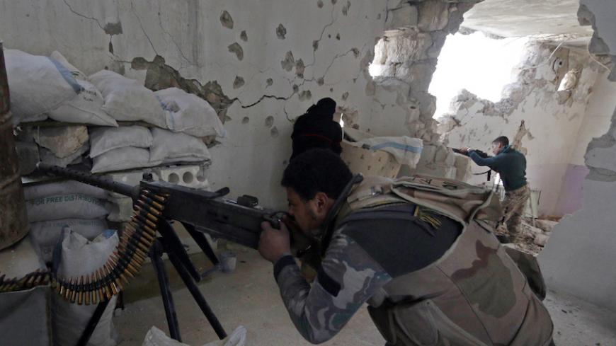Rebel fighters of 'Al-Sultan Murad' brigade take positions inside a damaged building as they aim their weapons at the frontline in Handarat area, north of Aleppo March 1, 2015. Picture taken March 1, 2015. REUTERS/Hosam Katan (SYRIA - Tags: POLITICS CIVIL UNREST CONFLICT MILITARY) - RTR4RRSL