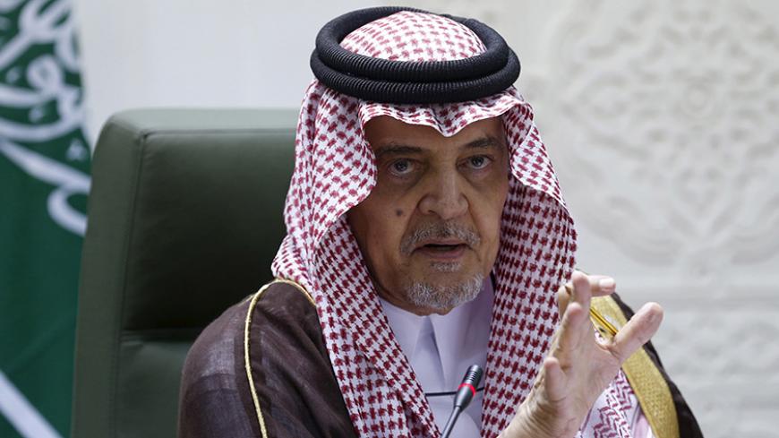 Saudi Foreign Minister Saud al-Faisal gestures during a joint news conference with his French counterpart Laurent Fabius in Riyadh April 12, 2015. Saudi Arabia dismissed Iranian calls to end air strikes on neighbouring Yemen on Sunday as Saudi-led attacks hit a military camp in the Yemeni city of Taiz, killing eight civilians according to a medical source. REUTERS/Faisal Al Nasser  - RTR4X0EF