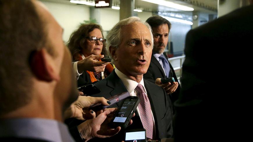 Senate Foreign Relations Committee Chairman Senator Bob Corker (R-TN) (C) talks to reporters before meeting with Secretary of State John Kerry (not pictured) on nuclear negotiations with Iran on Capitol Hill in Washington April 14, 2015.       REUTERS/Gary Cameron

 - RTR4XBGA