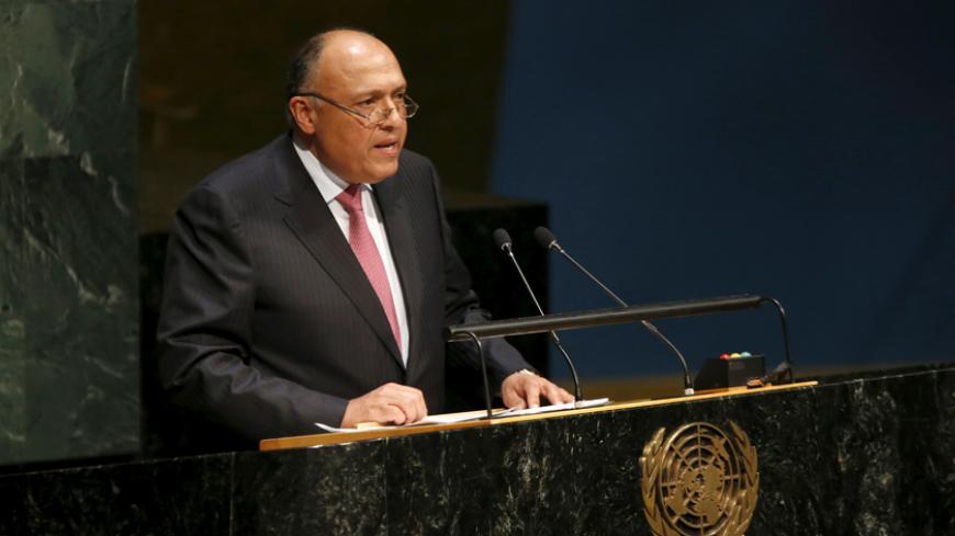 Egypt's Foreign Minister Sameh Shoukry addresses the Opening Meeting of the 2015 Review Conference of the Parties to the Treaty on the Non-Proliferation of Nuclear Weapons (NPT) at United Nations headquarters in New York, April 27, 2015.    REUTERS/Mike Segar - RTX1AJ89