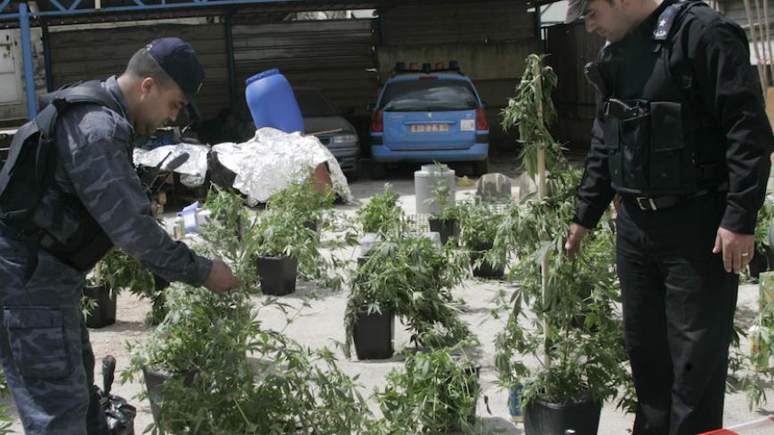 Palestinian policemen look at confiscated marijuana plants found in the West Bank city of Nablus March 28, 2007. REUTERS/Abed Omar Qusini (WEST BANK) - RTR1O18X