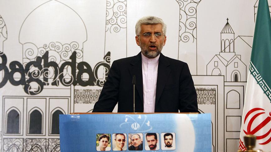 Iran's chief negotiator Saeed Jalili addresses a news conference after a meeting in Baghdad, May 24, 2012. Iran and world powers agreed to meet again in Moscow next month for more talks to try to end the long-running dispute over Tehran's nuclear programme, but there was scant progress to resolve the main sticking points between the two sides. REUTERS/Thaier al-Sudani (IRAQ - Tags: POLITICS) - RTR32L0Q