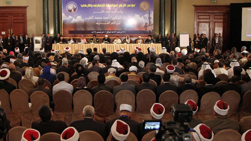Muslim scholars and popes of eastern churches attend the conference "Azhar in the face of terrorism and extremism" in Cairo, December 3, 2014.  Grand Imam of Egypt?s al-Azhar Institution Ahmed al-Tayeb addressed a two-day international conference in Cairo organised by his institution. The grand imam stressed that "terrorist organisations" try to sell a "fraudulent" image of Islam.Pope Tawadros II, the pope of the Coptic Orthodox church launched the conference alongside Tayeb. Around 600 Muslim scholars and 