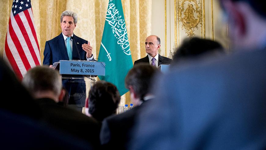 U.S. Secretary of State John Kerry, left, accompanied by Saudi Foreign Minister Adel al-Jubeir, right, speaks at a joint news conference at the Chief of Mission Residence, Paris, France, Friday, May 8, 2015, following a meeting with the foreign ministers of the Gulf Cooperation Council. REUTERS/Andrew Harnik/Pool - RTX1C5BX