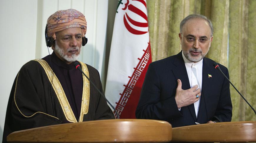 EDITORS' NOTE: Reuters and other foreign media are subject to Iranian restrictions on leaving the office to report, film or take pictures in Tehran.

Iranian Foreign Minister Ali Akbar Salehi (R) gestures next to his Omani counterpart Yousef bin Alawi during a joint news conference in Tehran February 21, 2012. REUTERS/Raheb Homavandi  (IRAN - Tags: POLITICS) - RTR2Y704