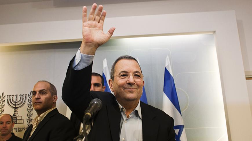 Israel's Defence Minister Ehud Barak waves as he leaves after a news conference in Tel Aviv November 26, 2012. Barak, a main architect of Israel's policy toward Iran's nuclear programme, said in a surprise announcement on Monday that he was quitting politics and would not run in the January 22 national election. REUTERS/Nir Elias (ISRAEL - Tags: POLITICS MILITARY) - RTR3AW6W