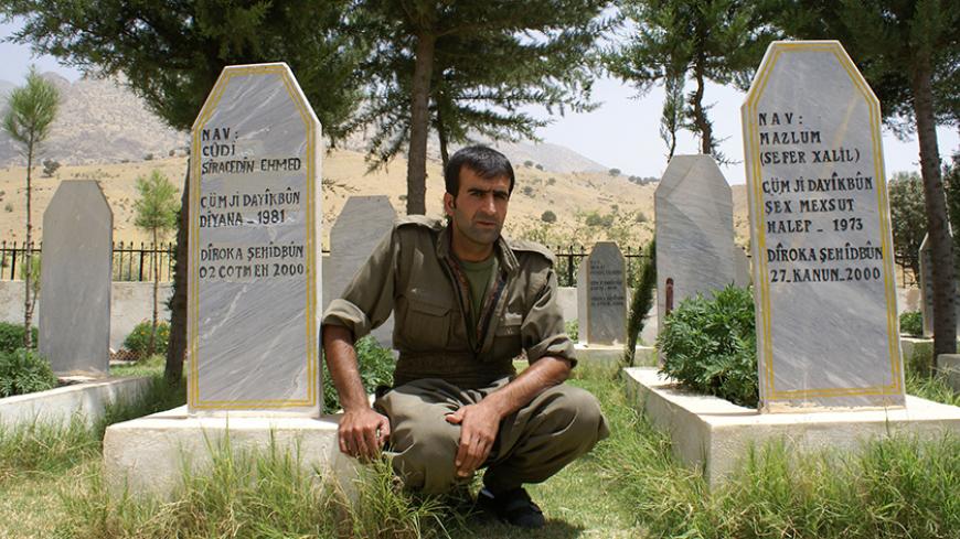 Farhat Amat, a fighter from the Kurdistan Workers Party (PKK), guards a cemetery in the remote Qandil mountains near the Iraq-Iran border in Sulaimaniya, 330 km (205 miles) northeast of Baghdad, July 15, 2007. Amat takes care of the site, which holds 67 graves of PKK fighters killed in the movement's guerrilla war for a Kurdish state. Picture taken July 15, 2007.  To match feature IRAQ/TURKEY   REUTERS/Shamal Aqrawi (IRAQ) - RTR1S4KZ