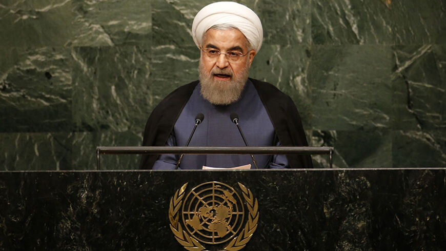 Iranian President Hassan Rouhani addresses attendees during the 70th session of the United Nations General Assembly at the U.N. headquarters in New York, September 28, 2015.    REUTERS/Mike Segar  - RTX1SX63